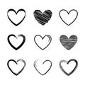 Set of black heart outline hand drawn vector illustrations.