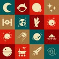 Set Black hole, Mars rover, Planet, Earth globe, Cosmic ship, Moon and stars and Vulcan salute icon. Vector Royalty Free Stock Photo