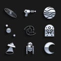 Set Black hole, Robot, Moon and stars, Alien, UFO flying spaceship, Solar system, Planet and icon. Vector