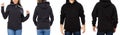 Set black hoodie mockup isolated front and back views - man and woman in stylish black sweatshirt mock up isolated over white copy Royalty Free Stock Photo