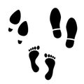 Set of black human footprints. Man and woman shoes trail and barefoot traces print isolated on white background. Vector Royalty Free Stock Photo