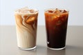 Set of black ice coffee and ice latte coffee with milk in tall glass, isolated on white background Royalty Free Stock Photo