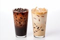 set of black ice coffee and ice latte coffee with milk in tall glass on white background