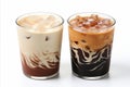 Set of black ice coffee and ice latte coffee with milk in tall glasses on white background