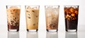 Set of black iced coffee and iced latte coffee with milk in tall glass, isolated on white background