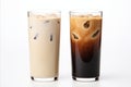 Set of black iced coffee and iced latte with milk in tall glass isolated on white background