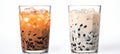 Set of black iced coffee and iced latte with milk in tall glass, isolated on white background Royalty Free Stock Photo