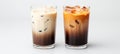 Set of black iced coffee and iced latte coffee with milk in tall glass isolated on white background