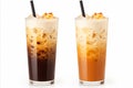 Set of black iced coffee and iced latte with milk in tall glasses, isolated on white background