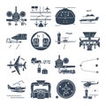 Set of black icons airport and airplane, jet