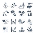 Set of black icons forestry and silviculture production
