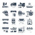 Set of black icons freight transport process, ship, train, air