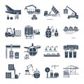 Set of black icons loading and unloading of goods, storage