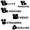 Set of black icons of old camer - symbols of online streaming, live video, subscribe and favourite for blog Royalty Free Stock Photo