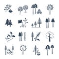 Set of black icons pine deciduous trees
