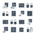 Set of black icons safe, lock, money