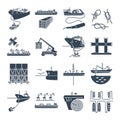 set of black icons water transport and sea port, container ship, tug