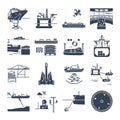 Set of black icons water transport and sea port, oil platform