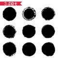 Set of black ink grunge round stickers blots of isolates on white background