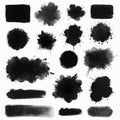 Set of black ink splash objects on white. Collection of artistic splatter shapes. Decorative grunge elements for design projects. Royalty Free Stock Photo