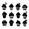 Set of black isolated cupcakes icons,