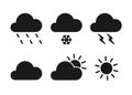 Set of black isolated icons of weather on white background. Silhouette of meteorological symbols . Flat design. Sun, snow, rain,