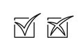 Set of black isolated outline icons of cross and tick on white background. Line icon of check box. Yes. No Royalty Free Stock Photo