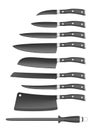 Set of black kitchen steel knives for chef and black wooden handle with rivet and stainless trim with a grinder on a white backgro