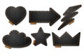 Set of Black leather label shapes with stitches. Leather patches with seam.