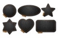 Set of Black leather label shapes with stitches. Leather patches with seam.