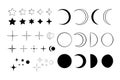 Set of black line art and silhouettes of stars, moons and crescents.