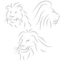 Set of black line lions heads on white background. Sketch style