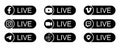 Set of black Live Social Media Buttons for streaming, such as: Facebook, Youtube, Vimeo, Instagram, Zoom and others, on