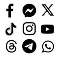 Set of black logo signs of popular Social Media and Mobile Apps icons: Facebook, Messenger, Twitter - X, TikTok and Royalty Free Stock Photo