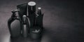 Set of black luxury cosmetic product. Spray, oil, tube cream, bottle dispenser, lotion, shampoo, gel shower and liquid soap on