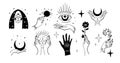 Set of black magic stickers, boho design elements, tattoo, alchemical symbols, esotericism and witchcraft. Linear vector