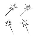 Set of black magic wands with stars icon vector, magic stick logo, fairy tale sign, miracle symbol