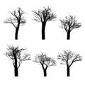 Set of black naked trees silhouette set. Hand drawn isolated. Royalty Free Stock Photo