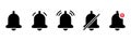 Set of Black Notification Bells and Silent Mode Concept Silhouette Icons. Bell with Red Button. Ringing Doorbells Icons