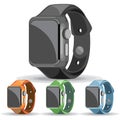 A set of black, orange, green and blue smart watches