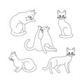 Set black outline cats. Isolated black line lying, standing, sitting, washing cats on white background. Page of coloring book