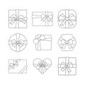 Set of black outline gift boxes icon. Collection of hand-drawn simple gifts cartoon. Line pattern. Elements for Holiday.