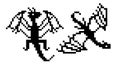 Set of black outline pixel dragons isolated on white.