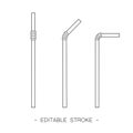 Set of black outline plastic straw on white background. Line design. Editable stroke Royalty Free Stock Photo