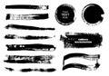 Set of black paint, ink brush strokes, brushes, lines,circles. Dirty artistic design elements, boxes, frames for text. Royalty Free Stock Photo