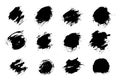 Set black paint, ink splash, brushes ink droplets, blots. Black ink splatter grunge background, isolated on white. Royalty Free Stock Photo