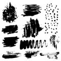 Set of black paint, ink splatters, grunge texture, brush strokes, brushes, blots, drops, splashes. Vector collection dirty