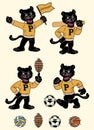 Set of Black Panther Sport Mascot in Vintage Retro Hand Drawn Style Royalty Free Stock Photo