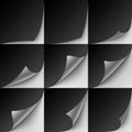 Set of 9 black paper curled corners with realistic Royalty Free Stock Photo