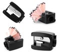 Set with black pencil sharpeners on white background Royalty Free Stock Photo